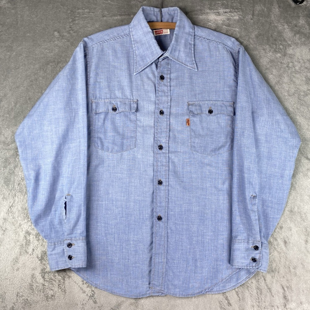 Vtg Levis Shirt Mens‎ Sz L Blue Chambray Southwestern 70s Orange Tab Dart Collar